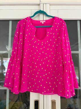 Lilly Pulitzer Amory Silk Blouse in "Piñata Pink" Size XL